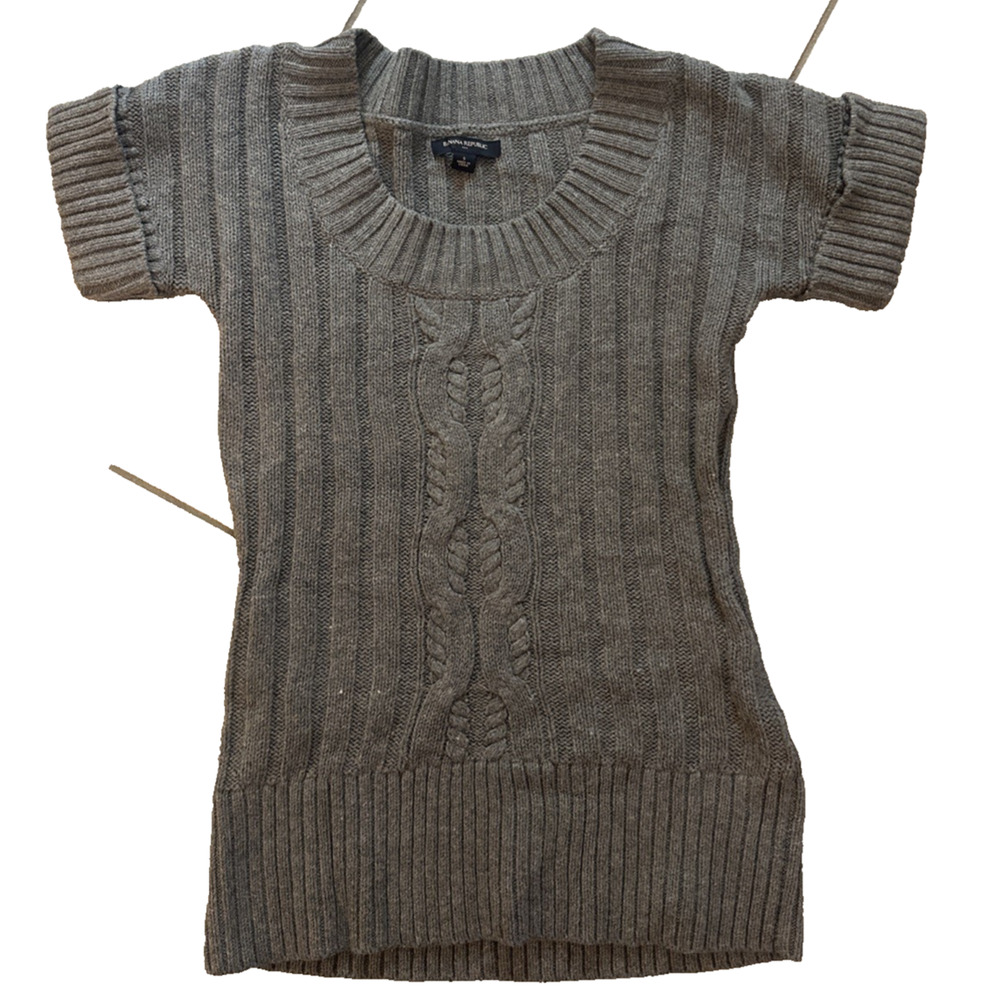 Banana Republic Y2K Cable‎ Knit Tunic Sweater Wool Blend Short Sleeve Grey S